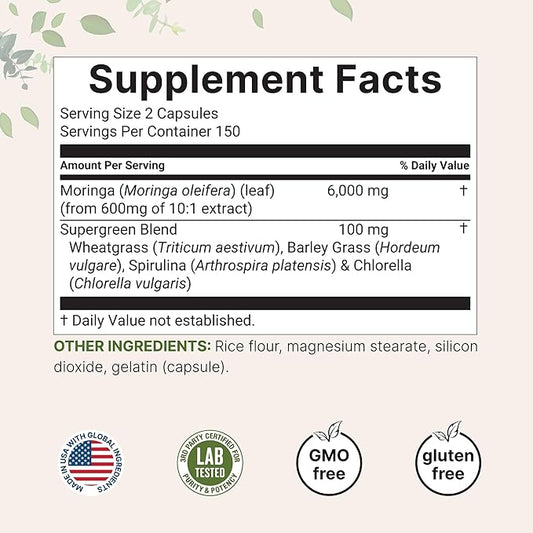 Moringa Oleifera 6,000mg Equivalent | 300 Capsules with Supergreens Blend of Wheatgrass, Barley Grass, Spirulina, & Chlorella | Antioxidant Supplement, Energy, & Immune Support | Non-GMO