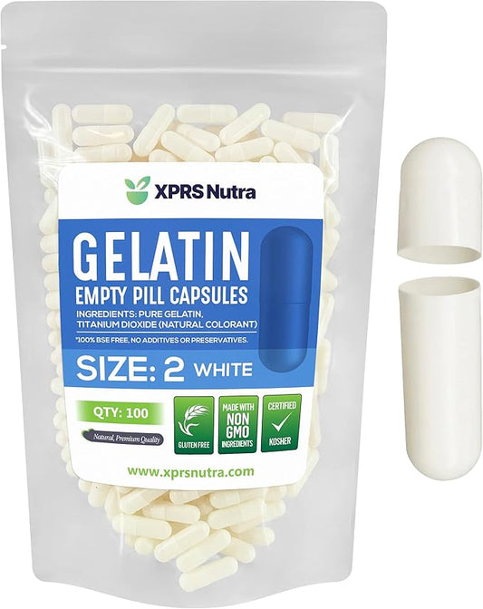 XPRS Nutra Size 2 Empty Capsules - 100 Count Empty Gelatin Capsules - Empty Pill Capsules - DIY Capsule Filling - Pure Bovine Pill Capsules Empty Gel Caps (White)