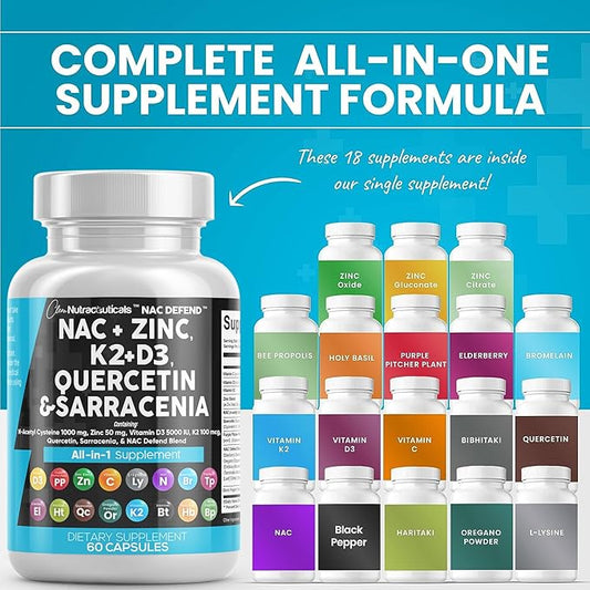 Clean Nutraceuticals NAC Supplement N-Acetyl Cysteine 1000mg Vitamin D3 K2 K2 Zinc 1000mg Sarracenia 1000mg with 60 Count