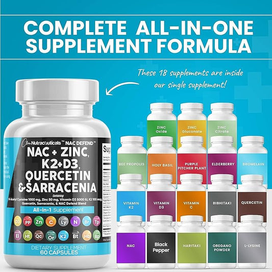 Clean Nutraceuticals NAC Supplement N-Acetyl Cysteine 1000mg Vitamin D3 K2 K2 Zinc 1000mg Sarracenia 1000mg with 60 Count