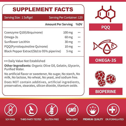CoQ10-100mg-Softgels with PQQ, BioPerine & Omega-3, Q10 Supplement, 120 Servings,