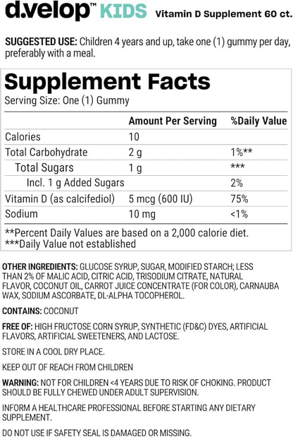 d.velop Vitamin D Kids Gummies –60 Count, 600 IU – Kids Immune Support - 3X Faster & More Effective – No Artificial Flavors or Sweeteners – Dairy-Free – Wild Berry Flavor - Kids Vitamin D for Ages 4+
