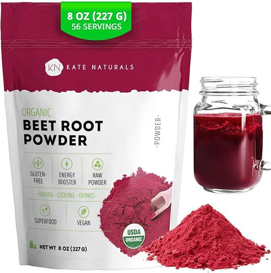 Kate Naturals Beet Root Powder Organic for Smoothie & Energy Boost. Nitric Oxide Supplement for Workout (8oz, Earth Flavor, Mix with Juice Easily)