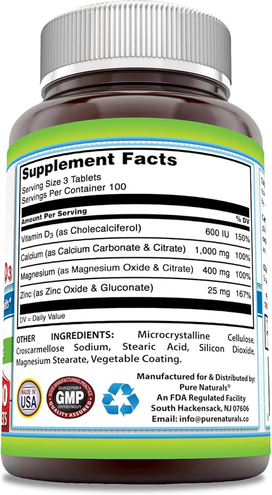 Pure Naturals Calcium Magnesium Zinc Vitamin D3 Supplement 1000mg, Magnesium 400mg, Zinc 25mg, Vitamin D3 600 600 IU (300 Tablets)