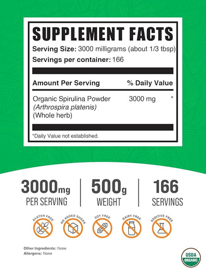 BulkSupplements.com Organic Spirulina Powder 3000mg per 500g (1.1 (1.1 lbs) 1)