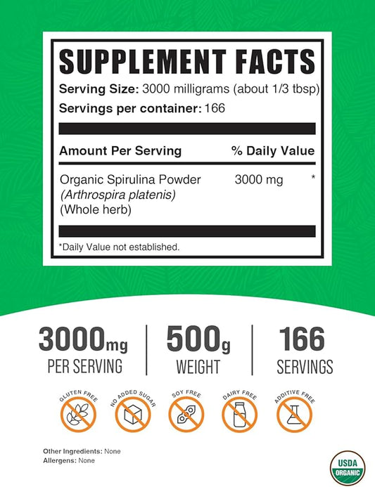 BulkSupplements.com Organic Spirulina Powder 3000mg per 500g (1.1 (1.1 lbs) 1)