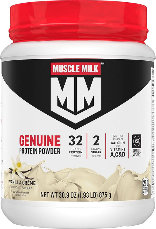 Muscle Milk Genuine Protein Powder, Vanilla 1.93 Pounds, 12 Servings, 32g Protein, 2g Sugar,