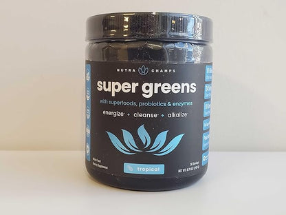 NutraChamps Super Greens Powder Premium Superfood | 20+ Organic Green Veggie Whole Foods | Alfalfa, Spirulina, Chlorella & More | Antioxidant, Digestive Enzyme & Probiotic Blends | Tropical