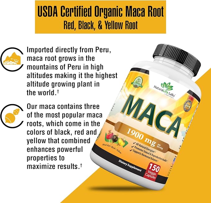 Organic Maca Root Black, Red, Yellow 1900 MG 150 Vegan 100% Pure