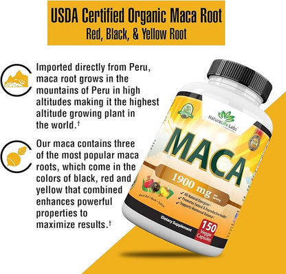 Organic Maca Root Black, Red, Yellow 1900 MG 150 Vegan 100% Pure
