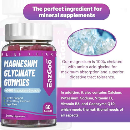 Magnesium Glycinate Gummies 400mg with L-Threonate 200mg - Sugar-Free Magnesium Potassium Supplement with Vitamin D, B6, CoQ10 for Muscle - 120 Mixed Berry Flavored Gummies