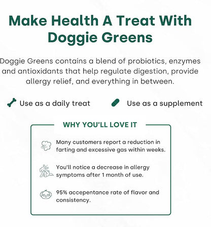 Doggie Greens - Natural Dog Vitamins & Probiotics for Dogs. No Messy Powder. Includes Spirulina, Kelp & Antioxidant Berry Mix. 6-in-1 Dog Supplements & Vitamins Chews. Super Greens for Dogs.