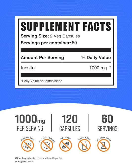 BulkSupplements.com Inositol Capsules - Inositol Supplement, Vitamin B8, Inositol 1000mg - for Overall Wellness, Gluten Free, 2 Capsules per Serving, 120 Capsules (Pack of 1)