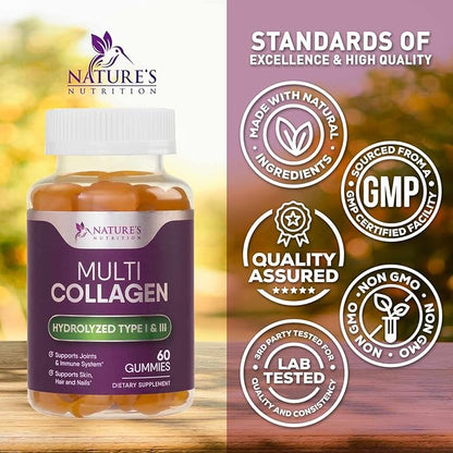 Collagen Gummies with 2500mcg Biotin, Vitamin 1 & 3 Collagen 60 Count
