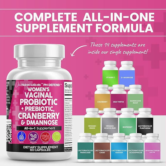 Clean Nutraceuticals Vaginal Probiotics for Women + Prebiotics 20 Billion Cranberry Pills w/D-Mannose 500 mg for Urinary Tract Health pH Balance - for Vaginal Health Supplements Pills - 1 Pack