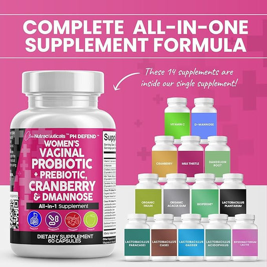 Clean Nutraceuticals Vaginal Probiotics for Women + Prebiotics 20 Billion Cranberry Pills w/D-Mannose 500 mg for Urinary Tract Health pH Balance - for Vaginal Health Supplements Pills - 1 Pack
