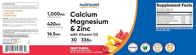 Nutricost Calcium Magnesium Zinc with Vitamin D3 Powder, 30 Servings (1000 MG) (420 MG) (16.5 MG) D3 (30 (30 MCG)