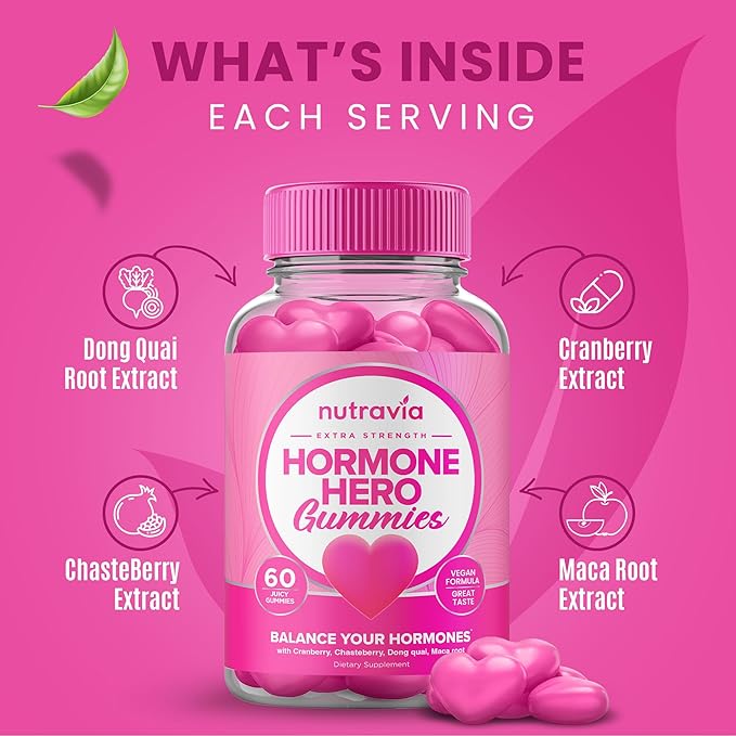 Hormone Balance For Women Gummies + PMS Relief Supplement - Supports Mood Swings, Clear Skin, Reduced Cramps and Bloating - Hormonal PMS Gummies PCOS Vitamin with Cranberry, Dong Quai (60 Gummies)