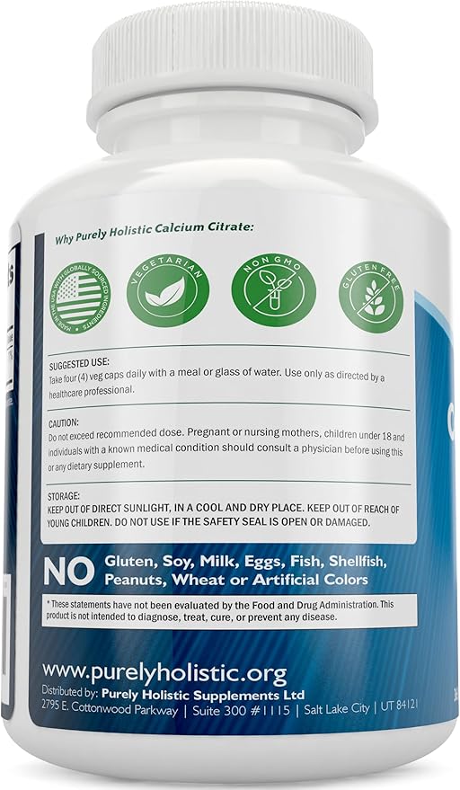 Calcium Citrate 1000mg - 365 Vegan Capsules not Tablets with Added Parsley, Dandelion and Watercress - Without Vitamin D - Made in The USA by Purely Holistic