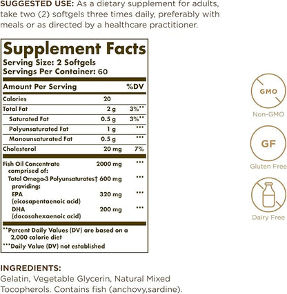SOLGAR Omega-3 Fish Oil Concentrate 120 Softgels 60 Servings