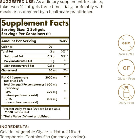 SOLGAR Omega-3 Fish Oil Concentrate 120 Softgels 60 Servings