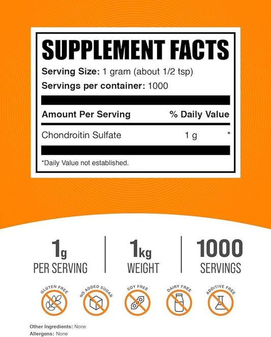 BulkSupplements.com Chondroitin Sulfate Powder - Chondroitin Sulfate Supplements, Chondroitin Sulfate 1000mg - Gluten Free, 1000mg per Serving, 1kg (2.2 lbs) (Pack of 1)