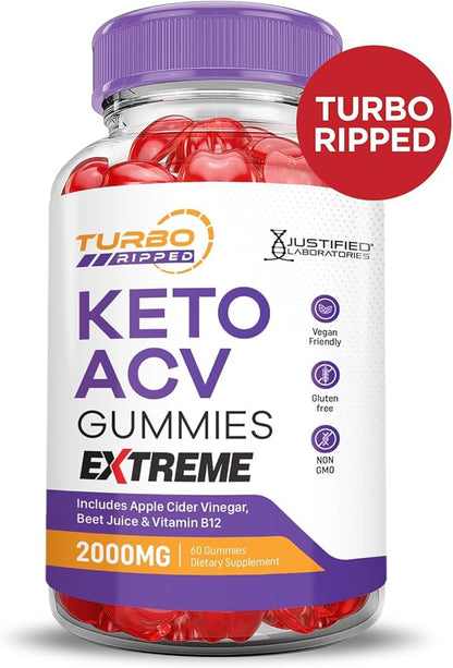 Justified Laboratories Turbo Ripped Keto ACV Gummies Extreme 2000MG Turbo Ripped Keto Gummies Apple Cider Vinegar Formulated with Pomegranate Beet Juice Powder B12 Vegan Non GMO 60 Gummys
