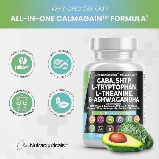 Clean Nutraceuticals GABA 750mg 5 HTP 200mg L Tryptophan 500mg L Theanine 200mg Ashwagandha SAM-e L-Glycine - Mood Support Vitamins for Women and Men with L-Tyrosine - Count