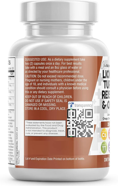 Clean Nutraceuticals Lions Mane 20in1 Mushroom Supplement with Turkey Tail Reishi Cordyceps Chaga Maitake Meshima Poria Cocos Shiitake Oyster Porcini Enoki - Pack