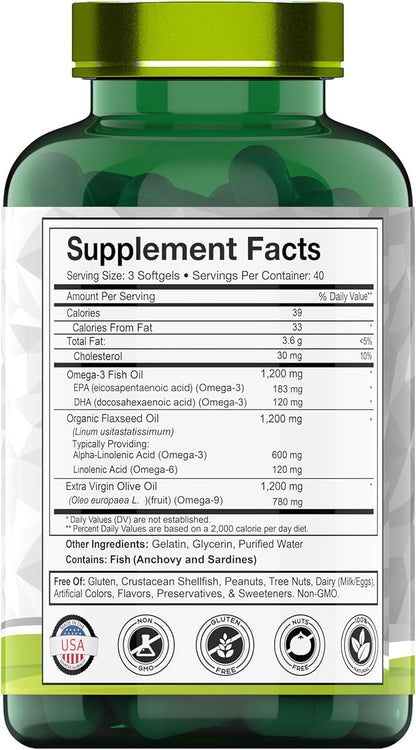 Triple Omega 3◆ 6◆ 9: 3600mg 120 Softgels 3-6-9 Supplement