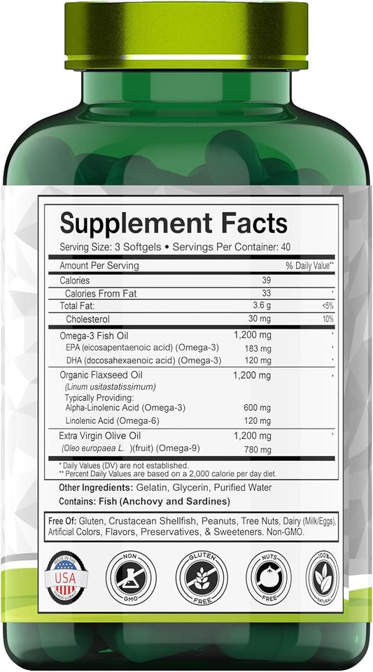 Triple Omega 3◆ 6◆ 9: 3600mg 120 Softgels 3-6-9 Supplement