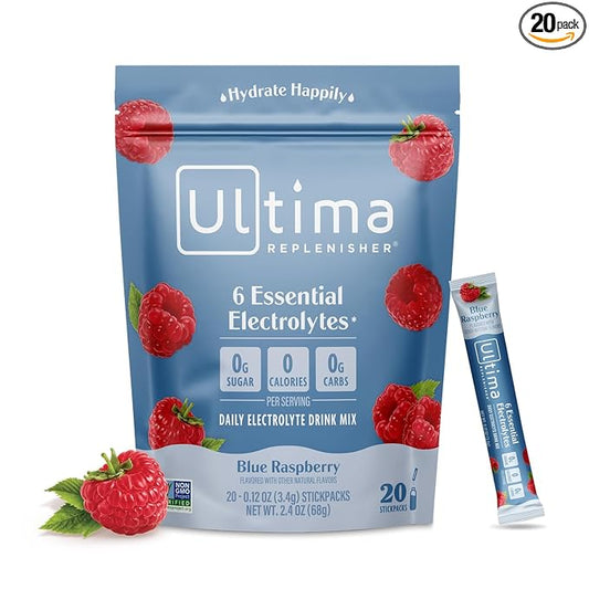 Ultima Replenisher Daily Electrolyte Powder Drink Mix – Blue Raspberry, 20 Stickpacks – Hydration Packets with 6 Electrolytes and Trace Minerals – Keto Friendly, Vegan, Non-GMO and Sugar-Free