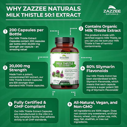 Zazzee Organic Milk Thistle 50:1 Extract, 20,000 mg 200 Vegan 80% Silymarin 6 Month 50X Extract,