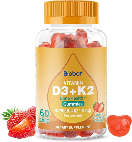 Natural Vitamin D3 K2 Gummies, 2000 IU Vitamin D3 & 100 mcg Vitamin K2,Supports Healthy Bone, Immune Health Supplement, GMO Free, Gluten Free, Strawberry Flavor, 60 Count