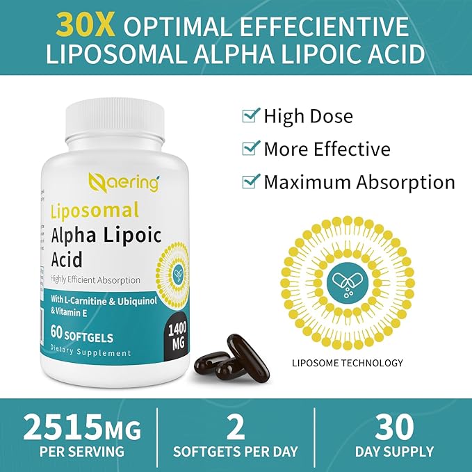 Liposomal Alpha Lipoic Acid 1400mg Softgels, 1000mg, Ubiquinol CoQ10) 100mg 100mg and 10mg,Alpha-Lipoic Acid 180 Softgels