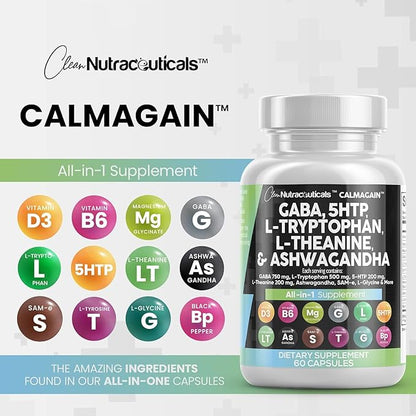 Clean Nutraceuticals GABA 750mg 5 HTP 200mg L 500mg L 200mg Ashwagandha 3000mg SAM-e