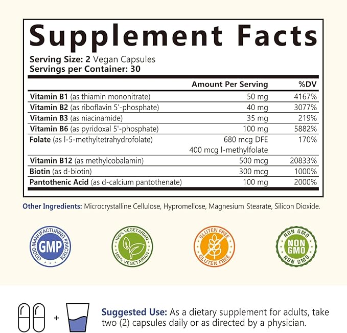 Complete B Complex, All 8 B B12, Methyl P-5-P, Highly 60 Vegan