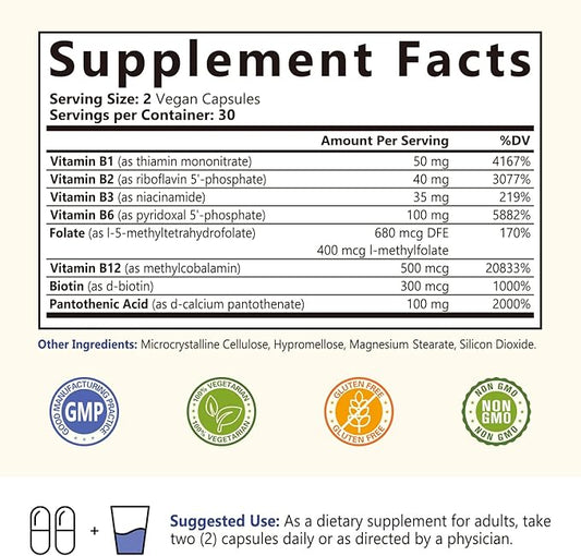 Complete B Complex, All 8 B B12, Methyl P-5-P, Highly 60 Vegan