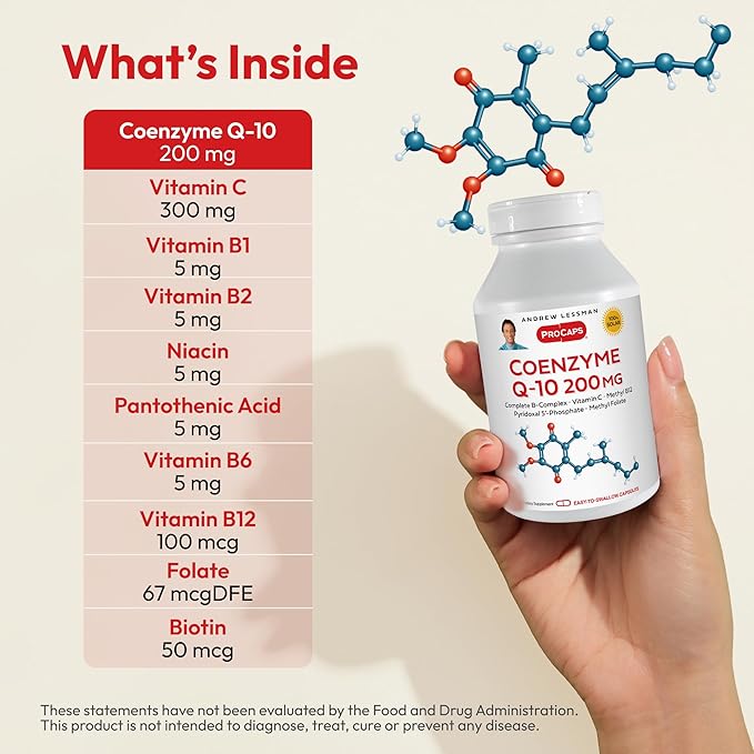 Andrew Lessman Coenzyme Q-10 200 mg 60 Capsules – Essential for Energy Production and Optimum Key Organ Function, Anti-Oxidant Support, Depleted by Aging, Plus B-Complex. Easy to Swallow Capsules