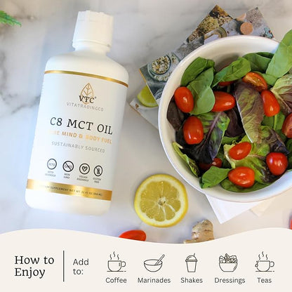 VitaTradingCo. 100% Pure C8 MCT Oil | 3X Distilled Caprylic Acid | Healthy Fat for Clean Energy | Sustainably Sourced | Non-GMO, Paleo, Keto | 128oz, 256 Servings (Unflavored)
