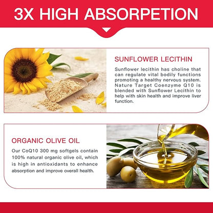 NATURE TARGET CoQ10-300mg-Softgels + PQQ with Organic-Olive-Oil Absorption-Coenzyme-Q10 - 120 Servings