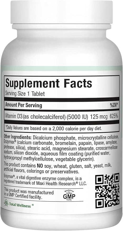 Maxi Health Vitamin D3 5000 IU (125 mcg) 5000 IU D3 (180 (180 Tablets)