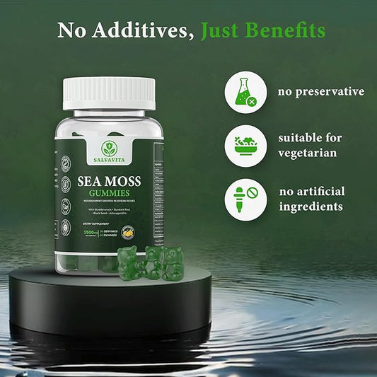 Sea Moss Gummies – Powerful 1500mg Serving | Infused with Bladderwrack, Burdock Root, Black Seed & Ashwagandha | Organic Sea Moss | Lemon Flavor - 60 Gummies