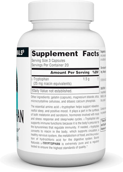 Source Naturals L-Tryptophan, for Mood, Relaxation, 500mg - 60 Capsules