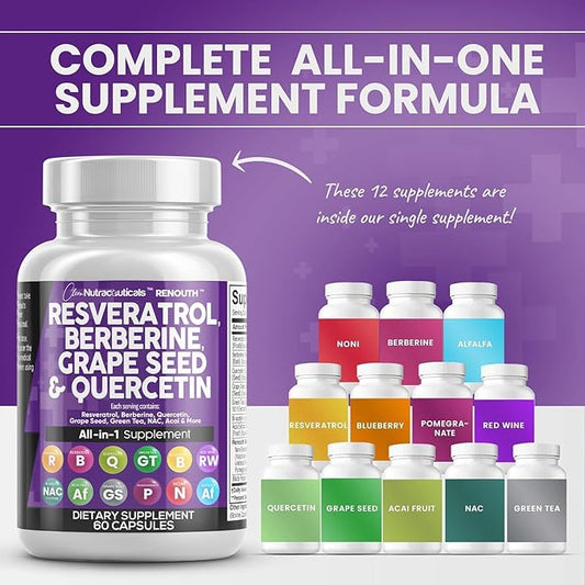 Resveratrol 6000mg Berberine 3000mg Grape Seed 3000mg Quercetin 4000mg Green 60 Capsules