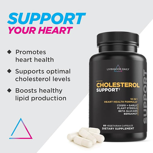 Livingood Daily Support - Supplement for Health with Beta Glucans, Pine Sterol, CoQ10, and Garlic Root - LDL & Triglycerides - Vegan, 60 Capsules