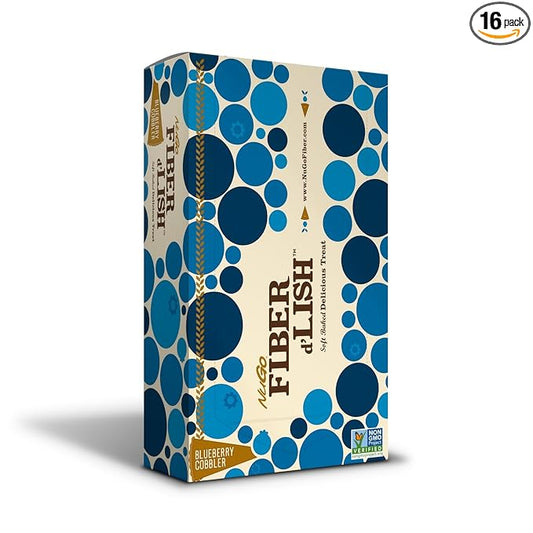 NuGo Fiber d'Lish Blueberry Cobbler, 12g High Fiber, Vegan, 150 Calories, 1.6 Ounce (Pack of 16)