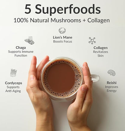 BiOptimizers Mushroom Coffee Alternative – Chocolate Drink – Lion’s Mane, Chaga, Reishi + Collagen Peptides for Focus, Energy & Gut Health – Adaptogenic Mushrooms & MCT Powder – 15 Servings
