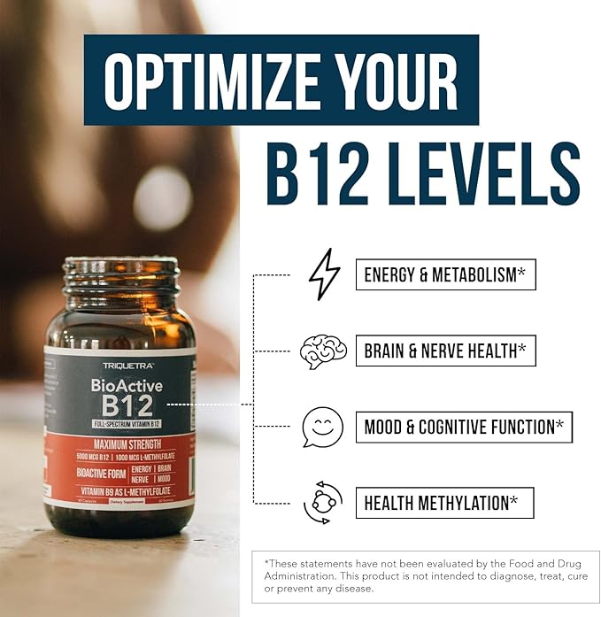 BioActive Vitamin B12 - 5000 mcg, Contains 3 BioActive B12 Forms Plus Methylfolate Cofactor - Methyl B12, Adenosyl B12 & Hydroxy B12 | Supports Energy, Metabolism & Mood | Vegan, Non-GMO (60 Servings)