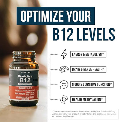 BioActive Vitamin B12 - 5000 mcg, Contains 3 BioActive B12 Forms Plus Methylfolate Cofactor - Methyl B12, Adenosyl B12 & Hydroxy B12 | Supports Energy, Metabolism & Mood | Vegan, Non-GMO (60 Servings)